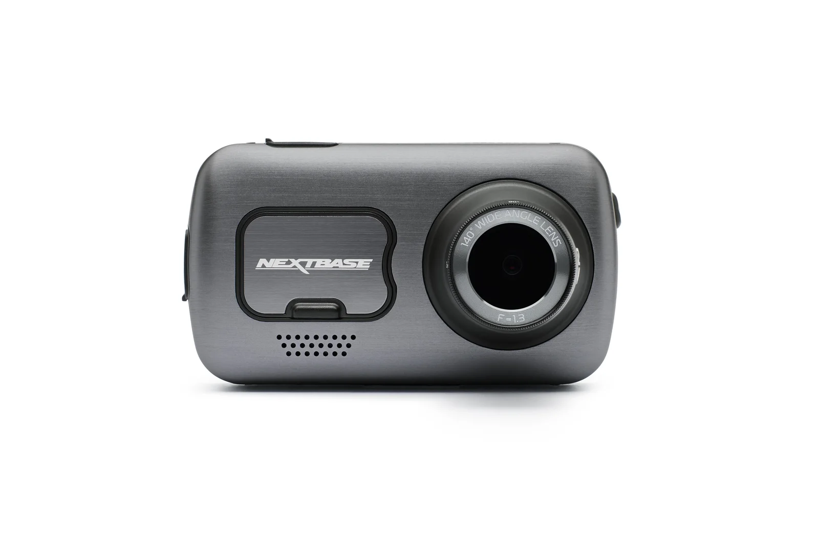 Nextbase 622GW dash cam in gunmetal grey, straight-on front view showing the 140-degree wide-angle lens and mount slot