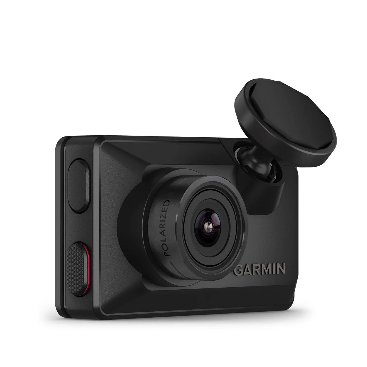Garmin Dash Cam X310, front-right view showing the polarized lens, two side buttons and magnetic mount