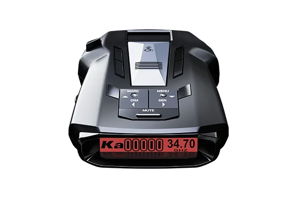 Cobra RAD 700i radar detector, front view showing the top control buttons and red display reading Ka 34.70 GHz