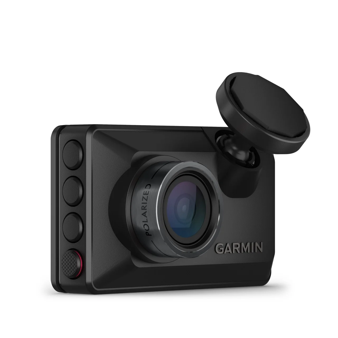 Garmin Dash Cam X210, front-right view showing the polarized lens, side buttons and magnetic mount