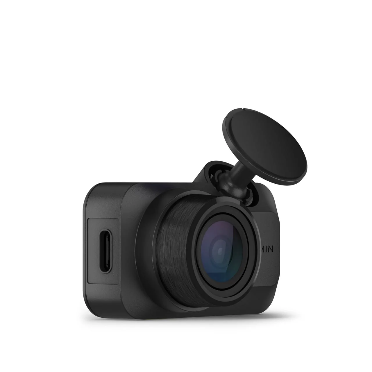 Garmin Dash Cam Mini 3, front-right view showing the lens, USB-C port and adhesive mount