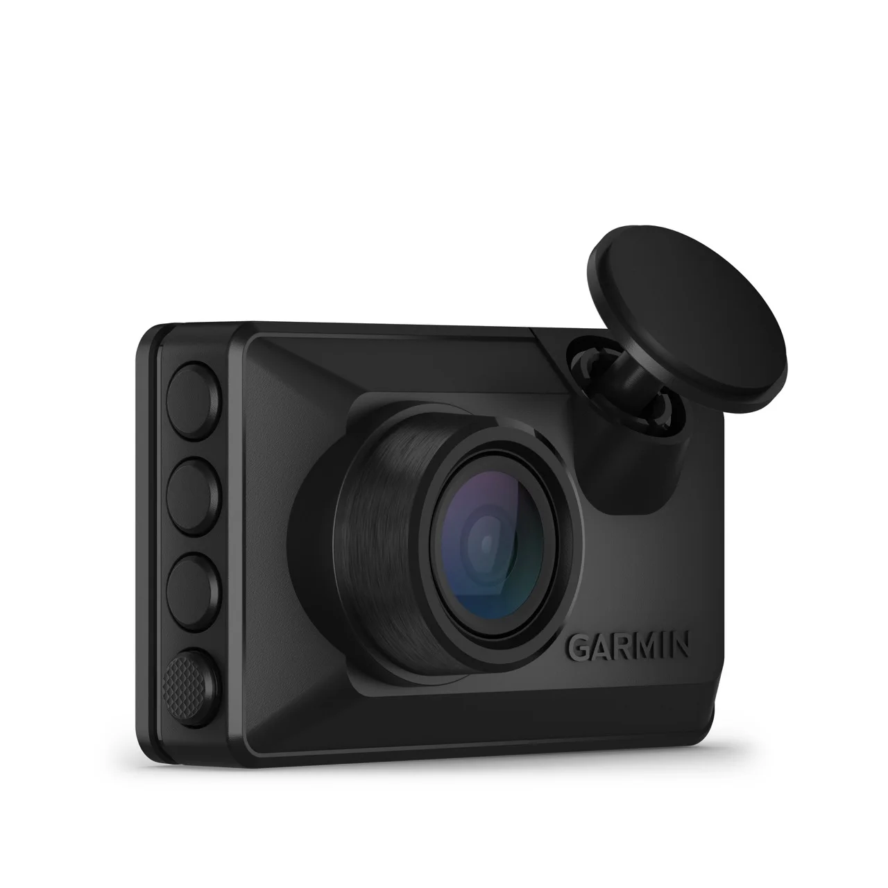 Garmin Dash Cam X110, front-right view with lens, four side buttons and magnetic mount